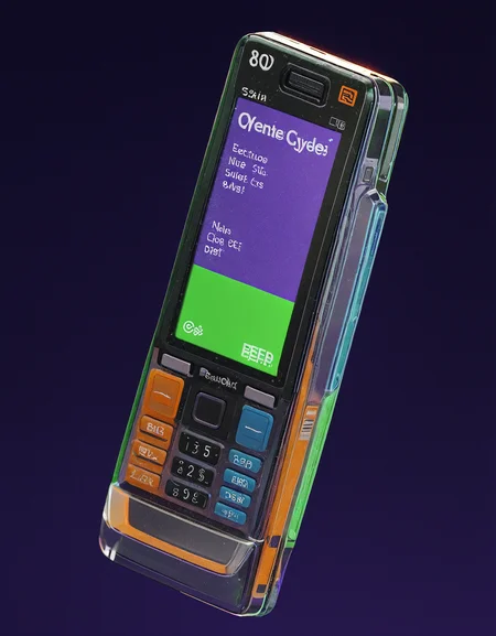 3d render, product render, 90s phone, tilted, transparent plastic, lcd screen, orange green blue, close up, hard surface modeling, cycles, dark purple background <lora:3d-render-v2:1>