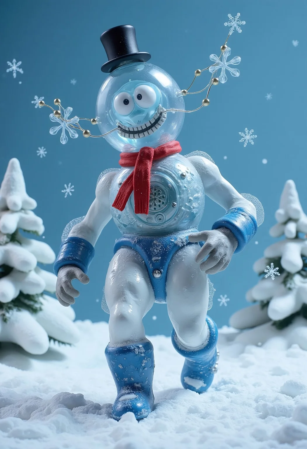 claymation animation of 4byss,Create a portrait of a powerful, biomechanical snowman with a translucent, snow-inspired head, claymation, walking, made out of iridescent jelly, body covered in white and blue powdered snow, black top hat, red scarf, head glows subtly with blue and white hues, and small neural fibers are visible within, pulsing with light. The creatures body is a mix of muscular, synthetic flesh and integrated mechanical components, with a fluffy and snow finish in bold blue and white. Delicate cables connect the head to the body, biomechanical snowflakes that softly radiate cyan. Against a winter wonderland background, the contrasting colors and polished surfaces highlight the futuristic and Snowman aesthetics of this alien-inspired design