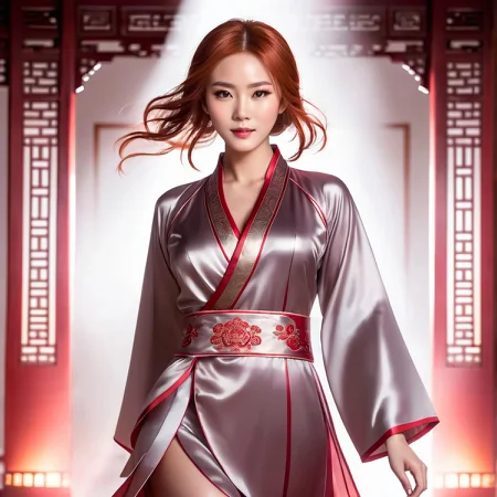 1young_woman, masterpiece, best quality, dynamic pos, ultra detailed, (chinese_clothing),full body, fluid movement, light trail, dramatic lighting, red tone, short red hair