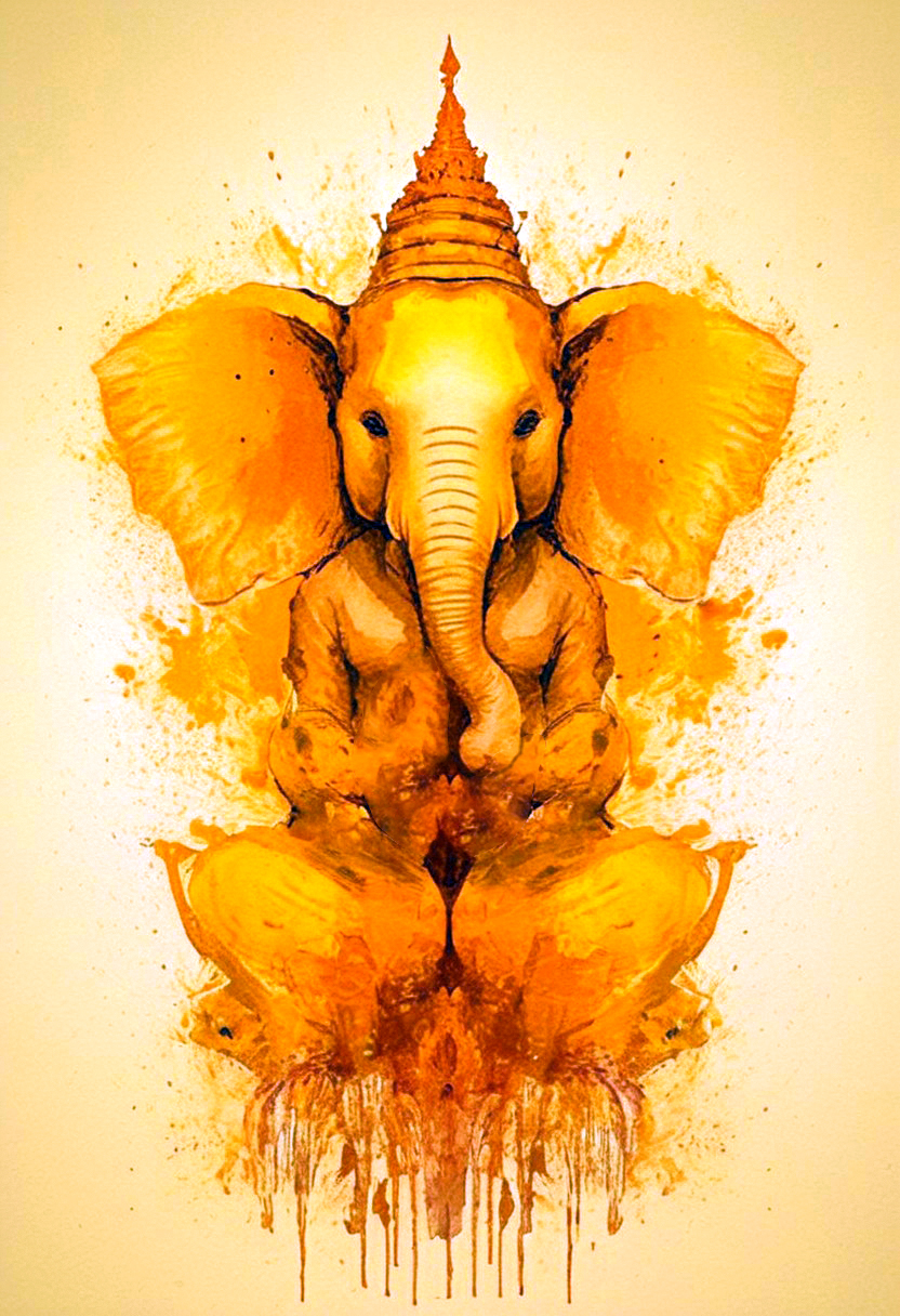 A rorschach-test resembling symmetrical god elephant
Ganesha  with tusks and trunk, happy mood trigger, dark Amber and golden translucent ink splashes