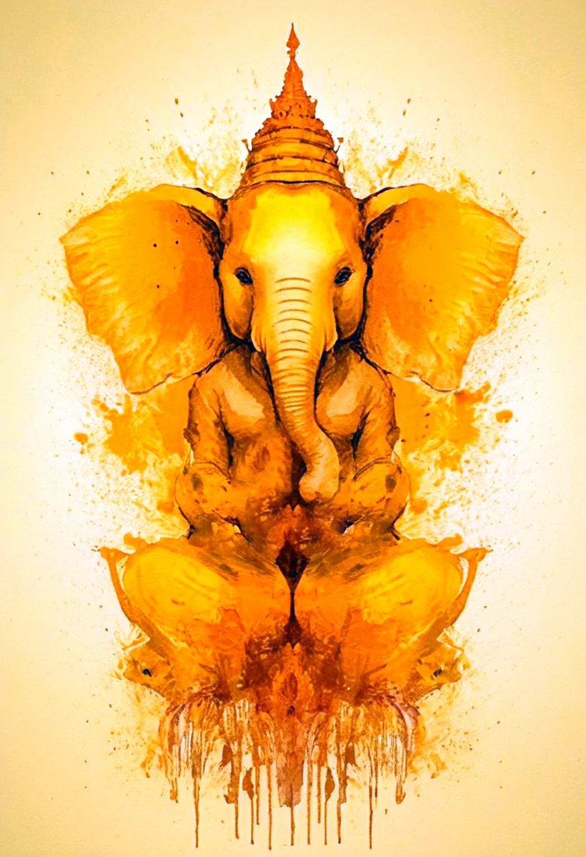 A rorschach-test resembling symmetrical god elephant
Ganesha with tusks and trunk, happy mood trigger, dark Amber and golden translucent ink splashes