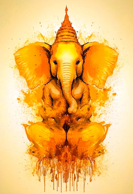 A rorschach-test resembling symmetrical god elephant
Ganesha  with tusks and trunk, happy mood trigger, dark Amber and golden translucent ink splashes
