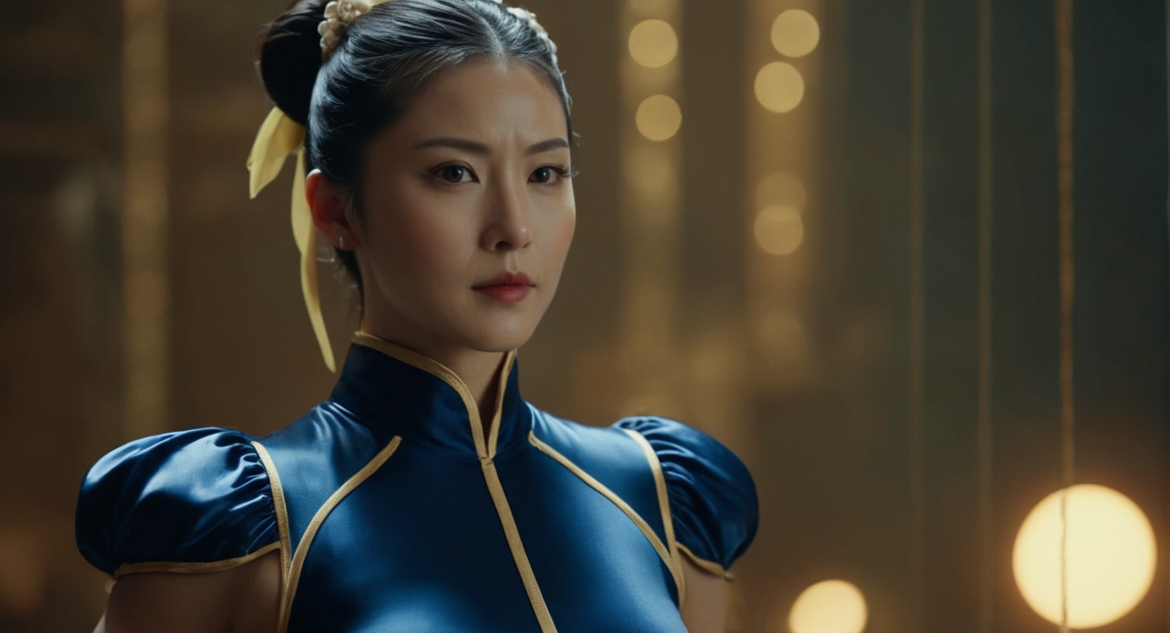 cinematic film still of  Cinematic Film stock footage in (arri alexa style) Kodak film print,   <lora:chun li:1> Chun-Li a woman in a costume is posing for a picture, shallow depth of field, vignette, highly detailed, high budget, bokeh, cinemascope, moody, epic, gorgeous, film grain, grainy