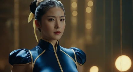 cinematic film still of  Cinematic Film stock footage in (arri alexa style) Kodak film print,   <lora:chun li:1> Chun-Li a woman in a costume is posing for a picture, shallow depth of field, vignette, highly detailed, high budget, bokeh, cinemascope, moody, epic, gorgeous, film grain, grainy