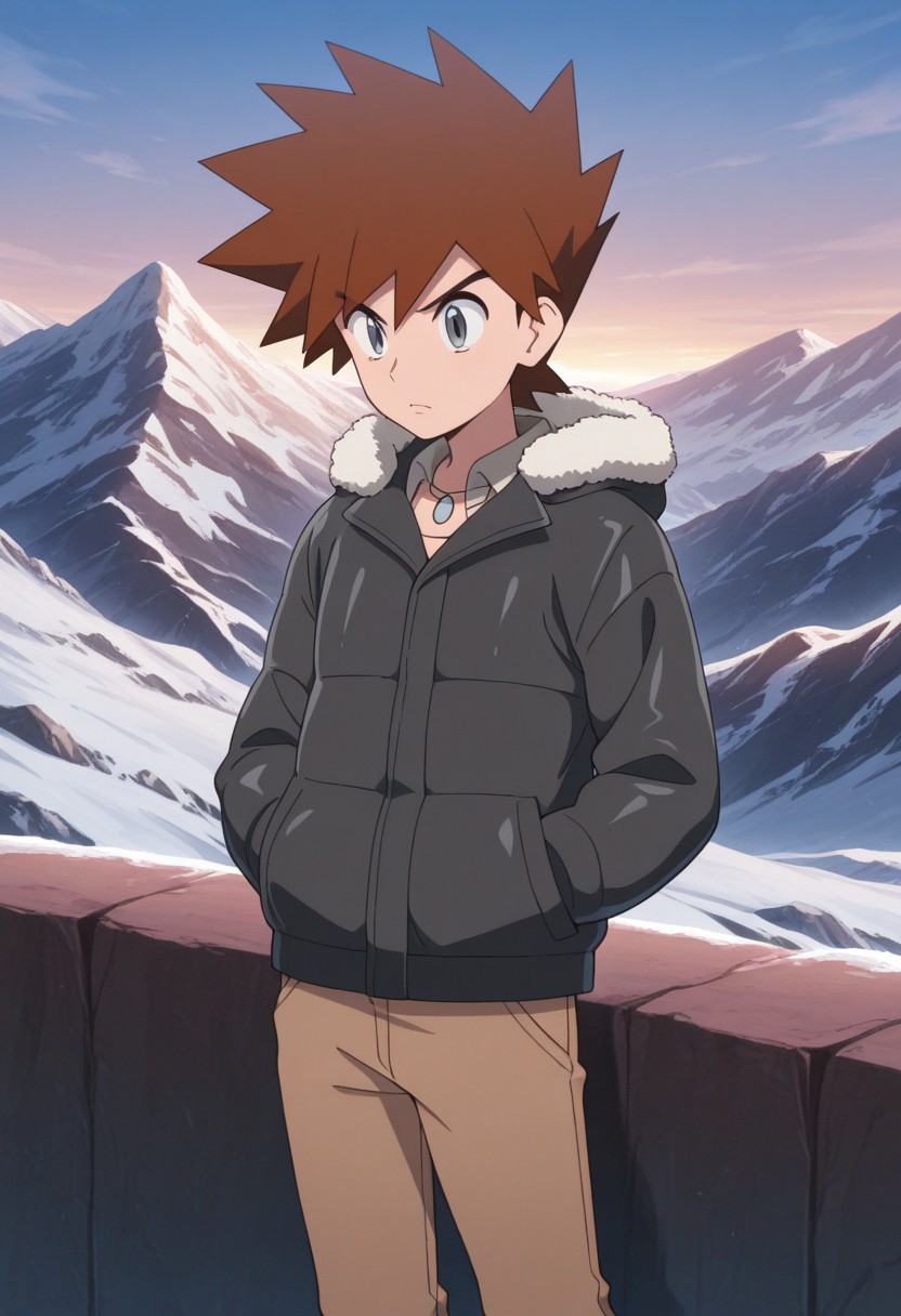 masterpiece,best quality,amazing quality, source_anime, 
shige_jou, 1boy, male focus, solo, grey eyes, brown hair, spiked hair, jacket, black jacket, fur trim, hood, jewelry, necklace, pants, brown pants,
outdoor, mountains,