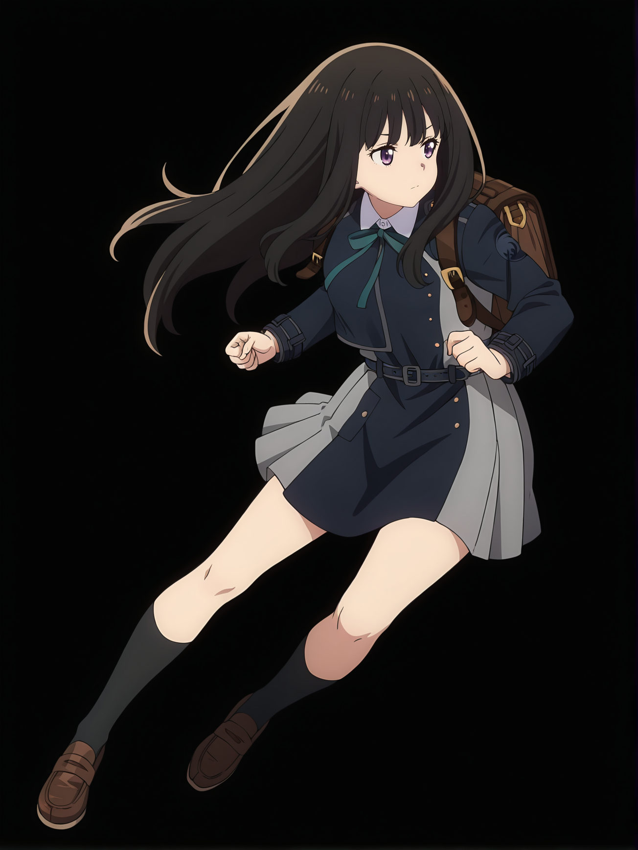 <lora:Takina_Inoue:0.8>, inoue_takina, 1girl, solo, black long hair, purple eyes, blue lycoris uniform, logo on shoulder, green neck ribbon, white collared shirt, grey skirt, black long socks, loafers, backpack, dynamic pose, looking away, full body, black background