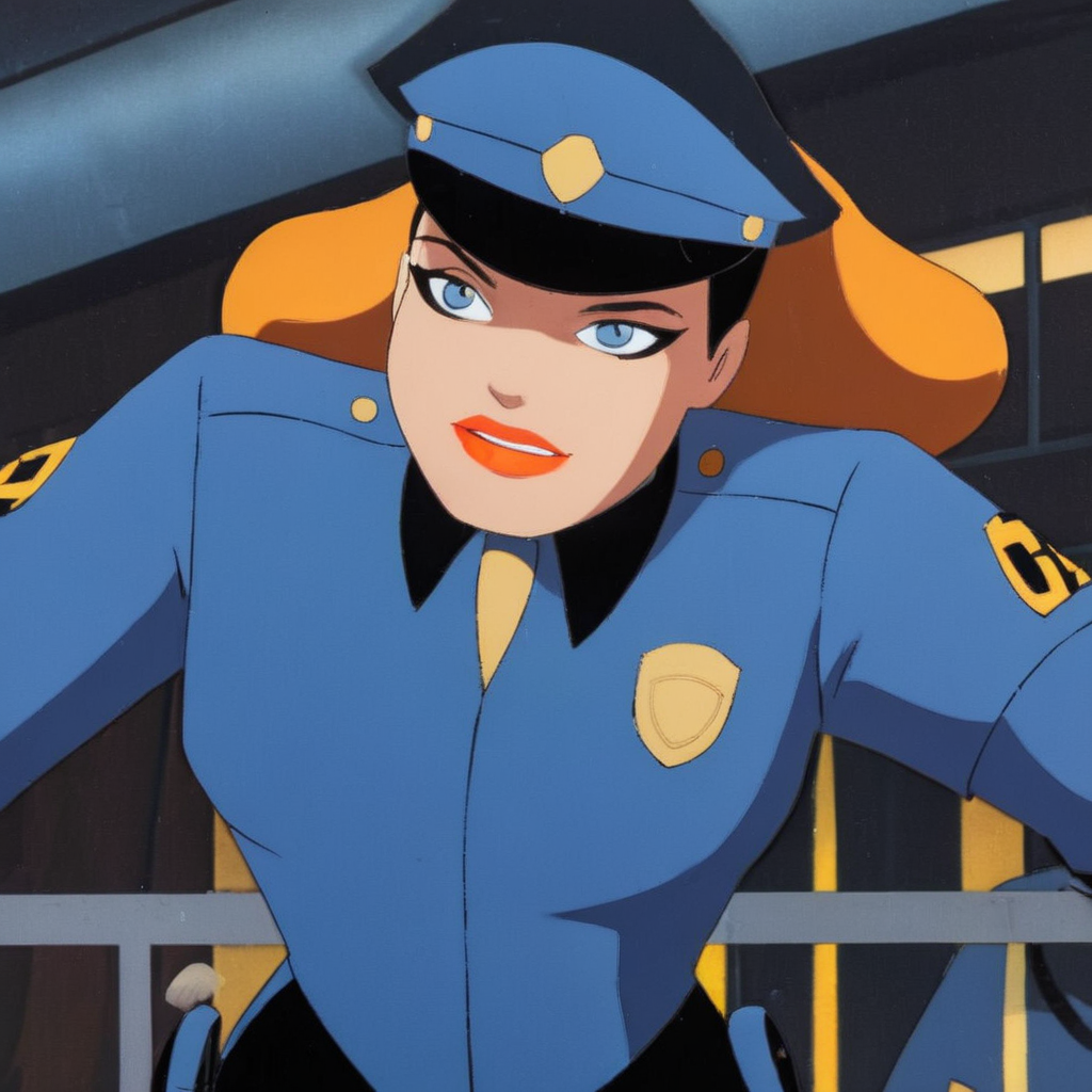 anime artwork of  <lora:Batman The Animated Series Style:1.2>
In Gotham City a cartoon police woman in blue uniform Batman The Animated Series Style, anime style, key visual, vibrant, studio anime,  highly detailed