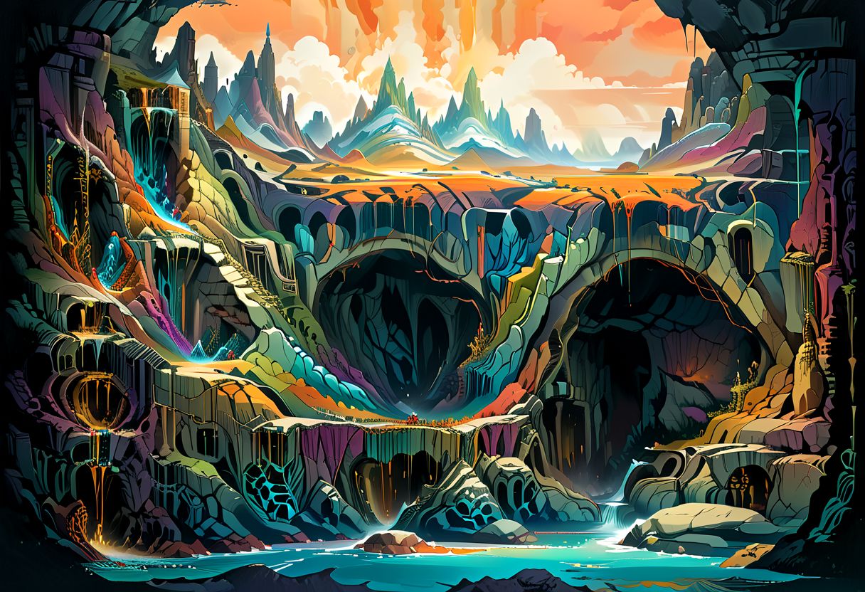 a fantasy temple sits on top of a (cross section of surreal geological biome chart with concentric layers of colourful strata forming a surreal tiered geological formation whith an colourful strata:1.1), underground tunnel network, swirling clouds, pools of water, on dark paper, by peter mohrbacher, tarmo juhola, ivan laliashvili, james gurney, moebius, roger dean vibrant, beautiful, translucent, intricate, detailed many details, extreme detailed, full of details, Wide range of colors., Dramatic, Dynamic, Cinematic, Sharp details Insane quality. Insane resolution. Insane details. Masterpiece. 32k resolution. vintagemap_f, csu, underground, cross-section, from side