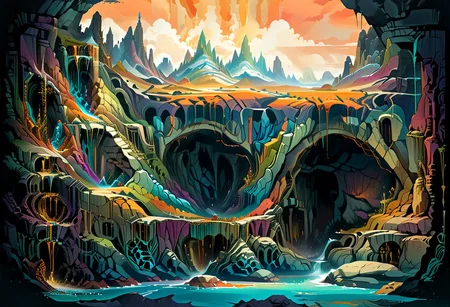 a fantasy temple sits on top of a (cross section of surreal geological biome chart with concentric layers of colourful strata forming a surreal tiered geological formation whith an colourful strata:1.1), underground tunnel network, swirling clouds, pools of water, on dark paper, by peter mohrbacher, tarmo juhola, ivan laliashvili, james gurney, moebius, roger dean vibrant, beautiful, translucent, intricate, detailed many details, extreme detailed, full of details, Wide range of colors., Dramatic, Dynamic, Cinematic, Sharp details Insane quality. Insane resolution. Insane details. Masterpiece. 32k resolution. vintagemap_f, csu, underground, cross-section, from side