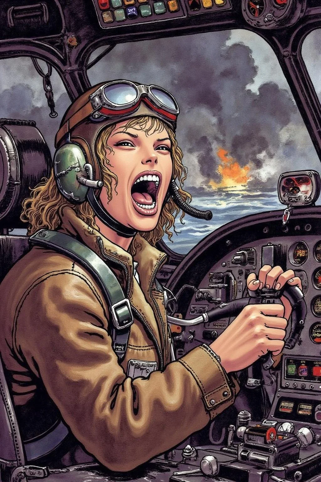 itacomic1 illustration. A female pilot screaming inside the cockpit of a WWII bomber. The pilot, wearing a vintage leather flight helmet with goggles and a brown bomber jacket, grips the controls with white-knuckled hands. Her face is contorted in a mix of fear and determination as she yells, her eyes wide with adrenaline. The cockpit is cramped and filled with old-fashioned dials and gauges, with the outside view showing dark stormy clouds and distant anti-aircraft fire. The scene is lit by the eerie glow of the instrument panel, casting harsh shadows across her face, emphasizing the intensity and danger of the moment. High contrast, dynamic composition, gritty and realistic, with a cinematic feel. <lora:itacomic_mima3_fl_d4a2e8:1.0><lora:800890265729503813:0>