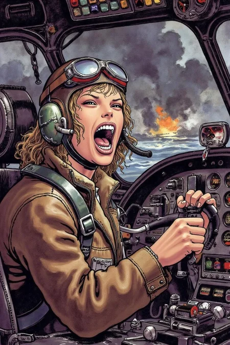 itacomic1 illustration. A female pilot screaming inside the cockpit of a WWII bomber. The pilot, wearing a vintage leather flight helmet with goggles and a brown bomber jacket, grips the controls with white-knuckled hands. Her face is contorted in a mix of fear and determination as she yells, her eyes wide with adrenaline. The cockpit is cramped and filled with old-fashioned dials and gauges, with the outside view showing dark stormy clouds and distant anti-aircraft fire. The scene is lit by the eerie glow of the instrument panel, casting harsh shadows across her face, emphasizing the intensity and danger of the moment. High contrast, dynamic composition, gritty and realistic, with a cinematic feel. <lora:itacomic_mima3_fl_d4a2e8:1.0><lora:800890265729503813:0>