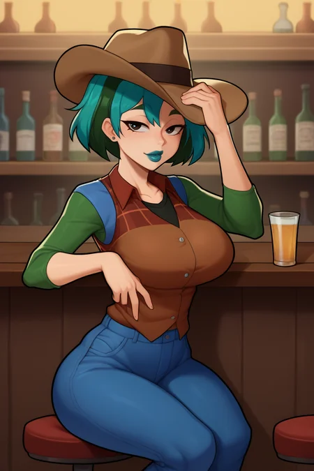 score_9, score_7_up, BREAK, <lora:troglor-guy-PONYv1:1>, 1girl, solo, <lora:gwentd-guy-ponyv1:0.85> gwentd, two-tone hair, lipstick, cowboy hat, plaid shirt, vest, denim, sitting, bar