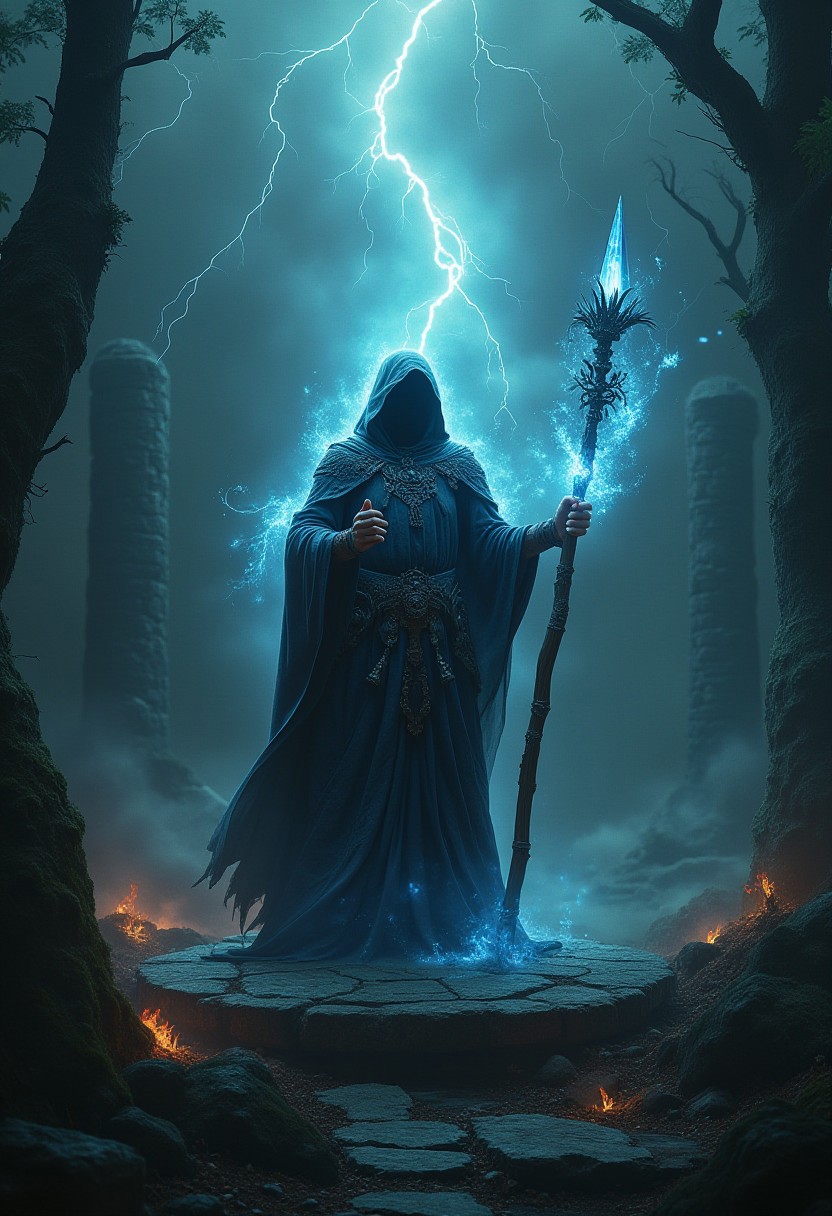 Abstract Lighting Effects, Hyperrealism, Midjourney Style, Photorealism, Cinematic, High Fidelity, Realism, Light Play,
cinematic film still Create a powerful fantasy scene featuring an ancient sorcerer. The sorcerer, draped in long, flowing robes adorned with arcane symbols, stands atop a stone platform in the middle of a mystical ruin. They hold a staff topped with a glowing crystal, casting a powerful spell that creates swirling magical energy around them. The ruins are surrounded by a dark, enchanted forest, with glimpses of strange creatures in the shadows. The sky is dark and stormy, with flashes of lightning illuminating the scene. The composition should exude a sense of ancient power and mystical intensity. photography, Natural geographic photo, Hyper-realistic, 16k resolution, (masterpiece, award winning artwork), many details, extreme detailed, full of details, Wide range of colors, high Dynamic,