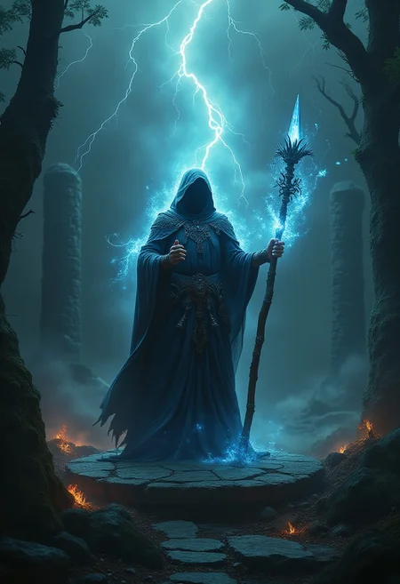Abstract Lighting Effects, Hyperrealism, Midjourney Style, Photorealism, Cinematic, High Fidelity, Realism, Light Play,
cinematic film still Create a powerful fantasy scene featuring an ancient sorcerer. The sorcerer, draped in long, flowing robes adorned with arcane symbols, stands atop a stone platform in the middle of a mystical ruin. They hold a staff topped with a glowing crystal, casting a powerful spell that creates swirling magical energy around them. The ruins are surrounded by a dark, enchanted forest, with glimpses of strange creatures in the shadows. The sky is dark and stormy, with flashes of lightning illuminating the scene. The composition should exude a sense of ancient power and mystical intensity. photography, Natural geographic photo, Hyper-realistic, 16k resolution, (masterpiece, award winning artwork), many details, extreme detailed, full of details, Wide range of colors, high Dynamic,