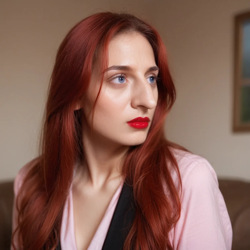 score_9_up, score_8_up, BREAK, Aquiline Nose, pointy nose, big nose, 1girl, solo, red hair, long hair, long hair, blue eyes, lipstick, pink shirt, black skirt, depth of field, <lora:AquilineNose_PXL_Leaf1:1>, indoors, realistic, depth of field, living room, looking to the side,