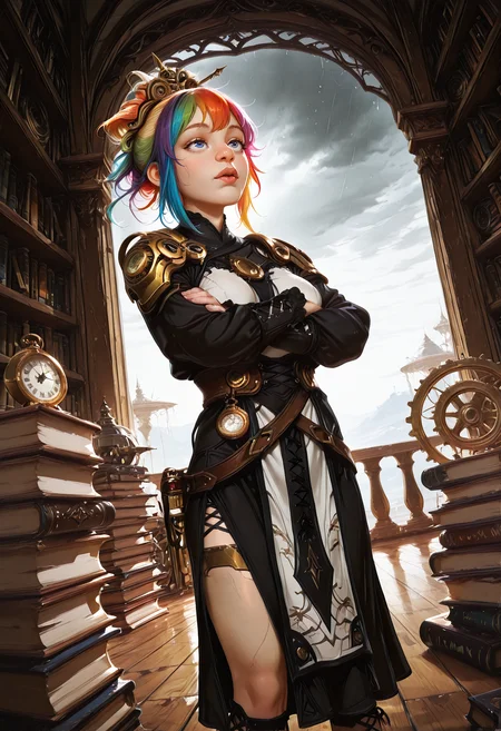 very awa, lineart, realistic, [sei shoujo], [yoshiten], style parody, [bang dream!], [arcane: league of legends], [league of legends], (dynamic angle:1.3), (cowboy shot:1.2) BREAK 1girl, solo, <lora:Gnome_Fantasy_DND_Warcraft:0.7> gnome woman, (short stature), shortstack, big eyes and ears, round ears, <lora:Big_Nose_Ladies:0.6> bignoselady, large nose, rainbow hair, sleek ponytail hair, blue eyes, (beige skin:1.2), thin body, medium breasts, perfect hands, colored lips, (amazed), BREAK artificer, wearing damask laced (detailed black fabric armor tabard), loose sleeves, lace trim, high waist skirt, flats, gear accessories, pocket watch,, <lora:steampunk:0.5> clockwork, magitech BREAK medieval, fantasy, indoors, luxurious library, wood floors, library, book stacks, standing, legs apart , crossed arms, summer, dawn, warm soft light, long shadows, grey sky, overcast, cloudy sky, heavy rain,, volumetric lighting BREAK <lora:Expression_Detailer_Illustrious_Lora:0.7> <lora:Lucid_Tides_Illustrious_v1:0.7> Lucid Tides, vibrant colors, high contrast, vivid imagery, <lora:BV_Style_Illu_Edition:0.8> BV-Illu