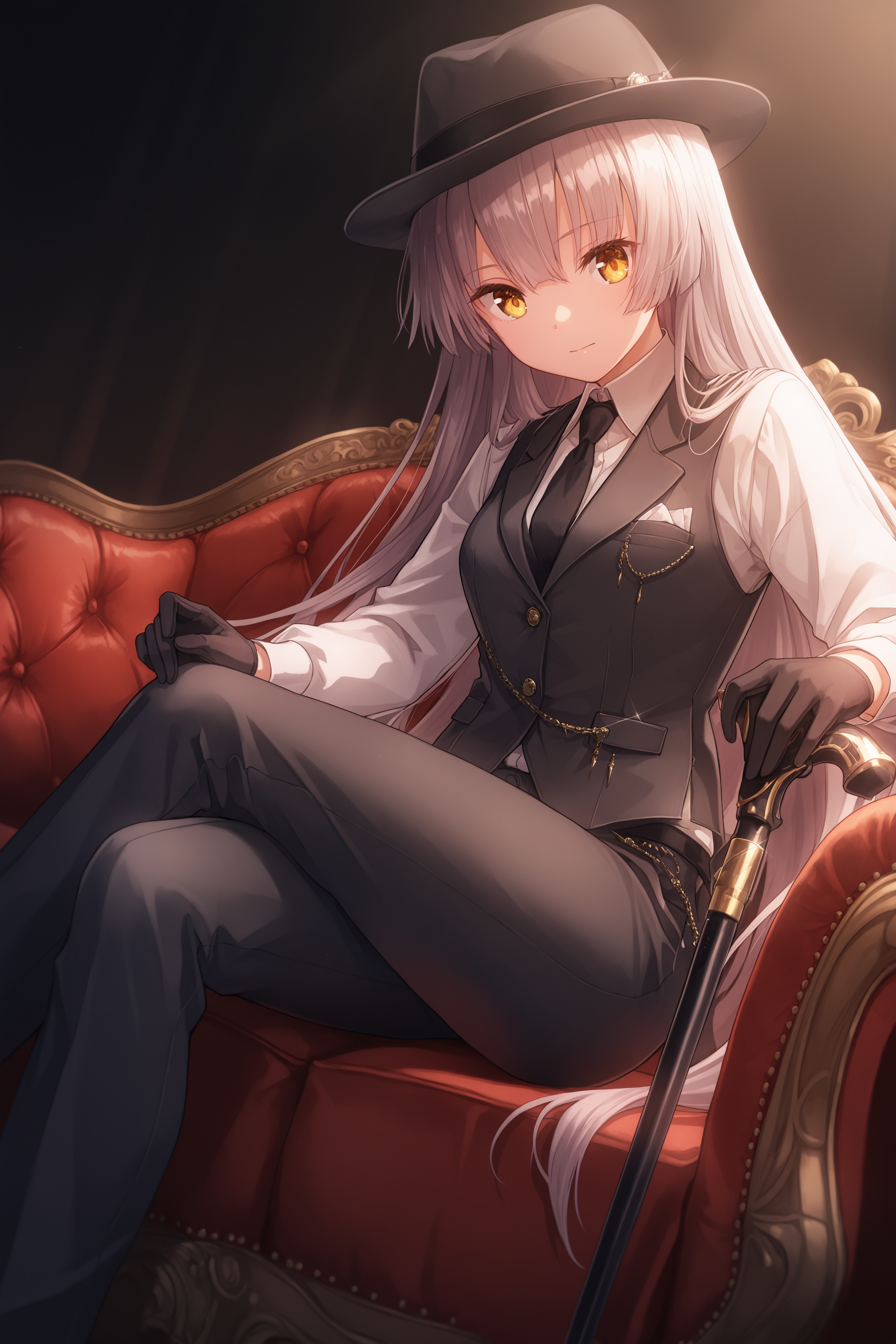 Hisame_Ogasahara, 1girl, solo, long hair, fedora hat, dark gray suit, white dress shirt, black tie, pocket square, black gloves, tailored vest, black trousers, BREAK, looking at viewer, tilted head, looking down, high class fashion, sitting on couch, victorian furniture, crossed legs, dynamic angle, dark background, high contrast, spotlight effect, cinematic lighting, left hand on cane, (masterpiece), best quality, very aesthetic, absurdres, (detailed face, detailed hands, detailed eyes),