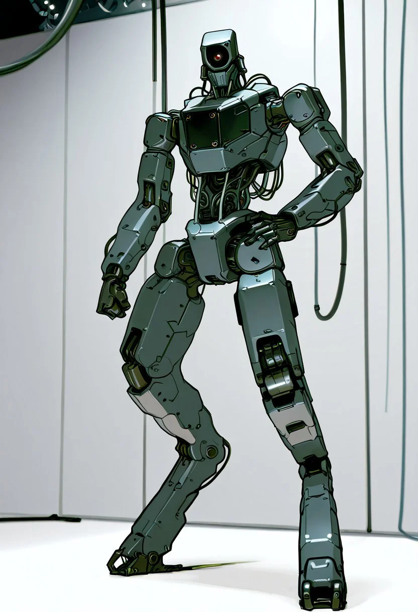 mech, general, solo, looking at viewer, standing, hand on hip, no humans, looking down, robot, wires, cables, clenched hand, science fiction, one-eyed, humanoid robot, redesign, photoshoot, studio lighting, mecha, robotics, mechanical parts, Evil_Eyes, digitigrade legs