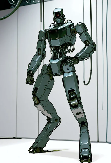 mech, general, solo, looking at viewer, standing, hand on hip, no humans, looking down, robot, wires, cables, clenched hand, science fiction, one-eyed, humanoid robot, redesign, photoshoot, studio lighting, mecha, robotics, mechanical parts, Evil_Eyes, digitigrade legs