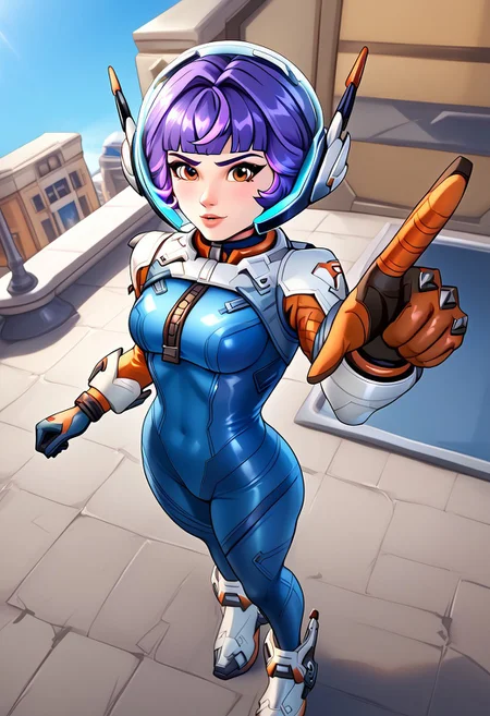 close-up action shot, dynamic angle, perspective distortion, stylized muscles, intense expression, Juno_Overwatch2, Juno_helmet, Juno_armor_top, Juno_gloves, Juno_weapon, Juno_pants, Juno_boots, Juno, violet hair, short hair, straight bangs, red eyes, futuristic helmet with a transparent visor, bright blue and white details, led lights on the side of the helmet, white headphones over the helmet, tight body suit, tricolor bodysuit, light blue bodysuit, blue with orange details, full bodysuit, blue and orange gloves, white forearm armor, tall white futuristic boots, with orange details, small sizes, marked waist