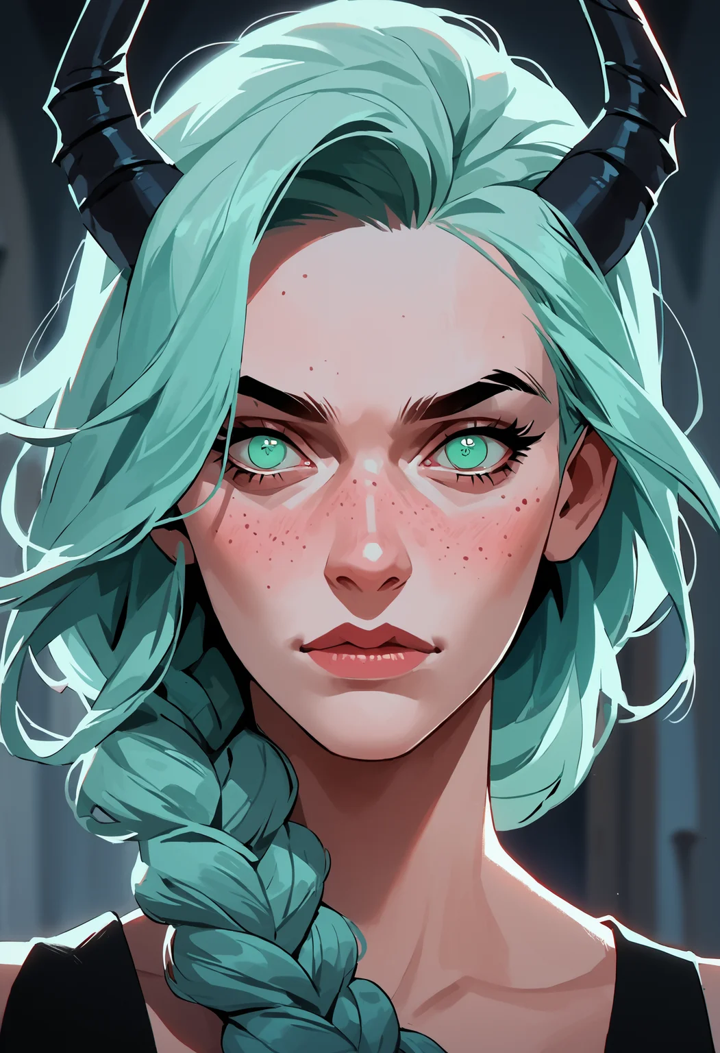 score_9, score_8_up, score_7_up, portrait, closeup, 1girl, dreamy eyes, ((devil horns)), mint blue hair, braided ponytail, freckles, sinister,
<lora:scav3ngersV4_epoch_3:1>