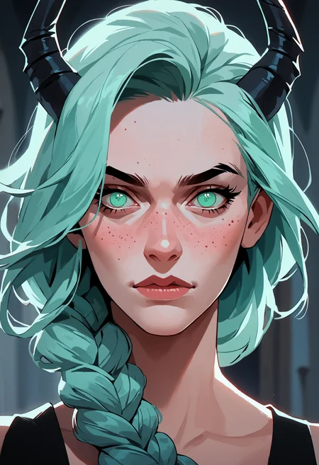 score_9, score_8_up, score_7_up, portrait, closeup, 1girl, dreamy eyes, ((devil horns)), mint blue hair, braided ponytail, freckles, sinister,
<lora:scav3ngersV4_epoch_3:1>