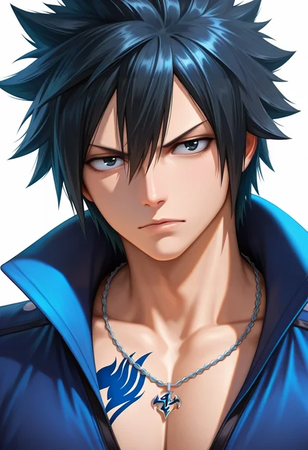 masterpiece, best quality, intricate details, semi-realistic, looking at viewer, 1boy, solo, male focus, <lora:gray_fullbuster_ilxl:0.92>, gray_fullbuster, black hair, black eyes, spiked hair, hair between eyes, , necklace, ,