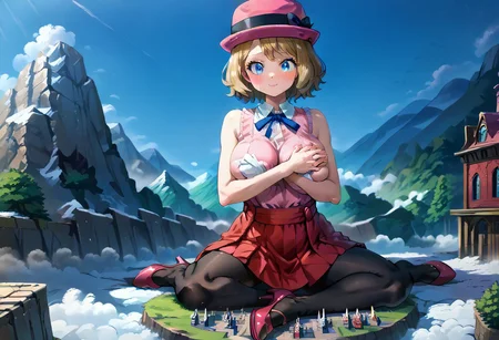 score_9, score_8_up, source_anime, BREAK 1girl, masterpiece, best quality, 1girl, bbserena, solo, short hair, pink headwear, eyelashes, blue eyes, neck ribbon, blue ribbon, (pink dress:1.2), sleeveless, bare arms, pink dress, red skirt, white cloak, full black legging, full black tights, purple designer high heels, enormous big breasts, lying position, giantess full body shots, giantess, giant, goddess, size difference, slight smile, confident, blushing, growing bigger, long skinny legs, perfect arms, perfect hands, perfect face, perfect legs, perfect thighs, perfect feet, perfect eyes, solo, breasts squeezed together, covering breasts, covering, cityscape, mountain landscape, in the middle of the city, omnipotent, divine, hatless