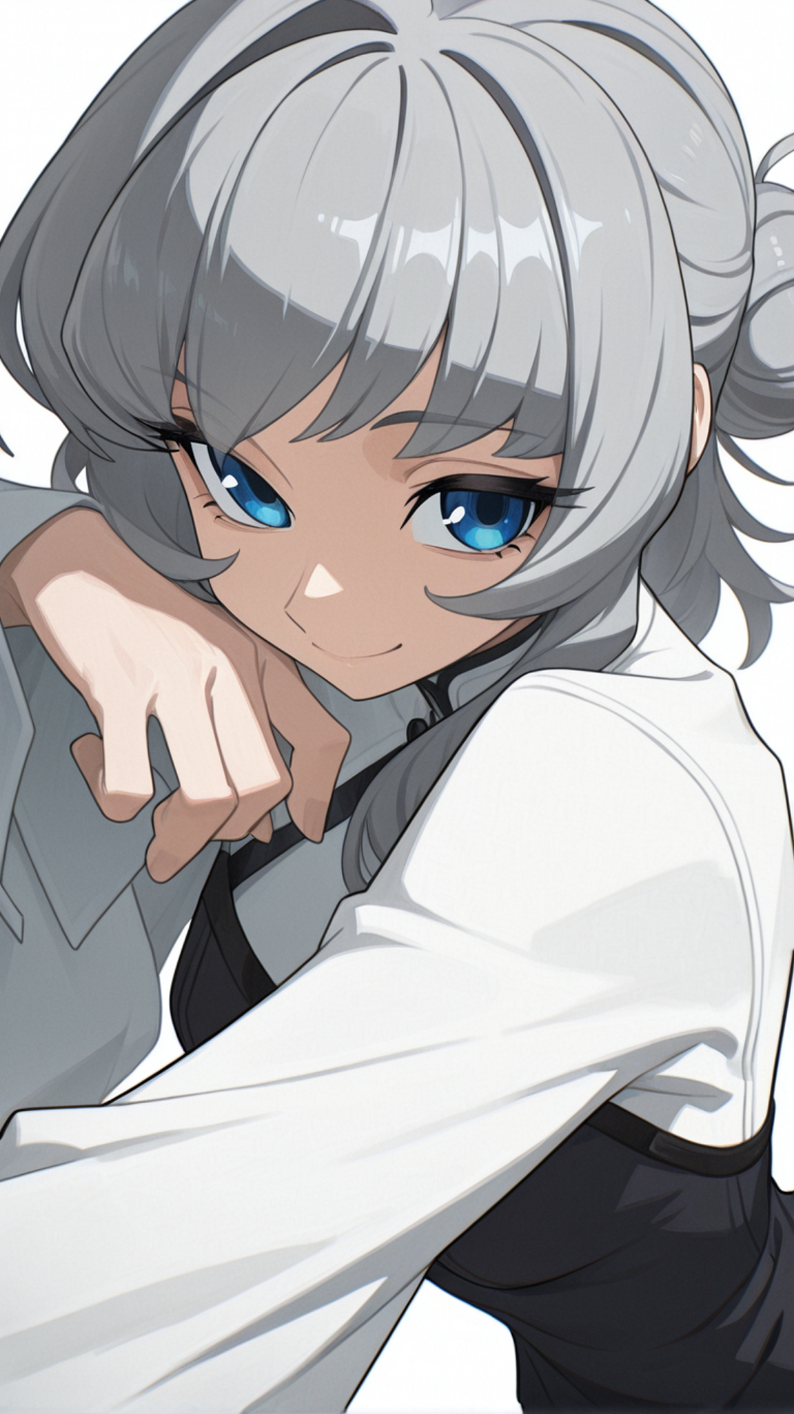1girl, solo, looking_at_viewer, smile, bangs, blue_eyes, simple_background, shirt, long_sleeves, white_background, dress, closed_mouth, white_shirt, upper_body, grey_hair, hair_bun, black_dress, single_hair_bun