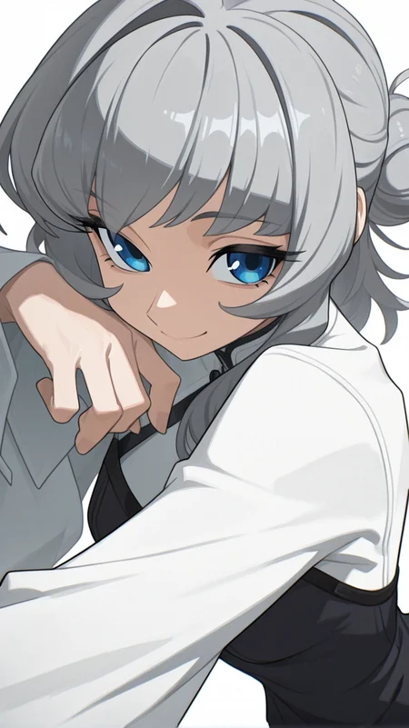 1girl, solo, looking_at_viewer, smile, bangs, blue_eyes, simple_background, shirt, long_sleeves, white_background, dress, closed_mouth, white_shirt, upper_body, grey_hair, hair_bun, black_dress, single_hair_bun