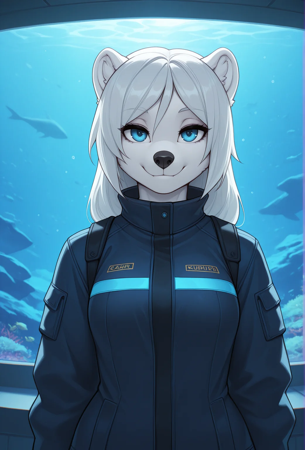 (masterpiece, best quality, very aesthetic, absurdres:1.2), 1girl, furry, science fiction, aquarium, polar bear, straight-on, jacket, looking at viewer, smile, <lora:iskra_style_illustrious_v1_full:1> iskrastyle, blue eyes