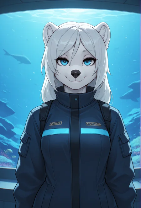 (masterpiece, best quality, very aesthetic, absurdres:1.2), 1girl, furry, science fiction, aquarium, polar bear, straight-on, jacket, looking at viewer, smile, <lora:iskra_style_illustrious_v1_full:1> iskrastyle, blue eyes