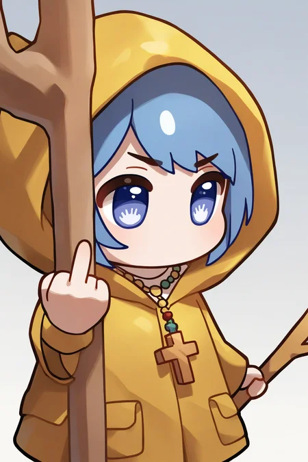 1girl,luce_\(jubilee_2025\),
solo.blue hair,blue eyes,cross necklace,yellow raincoat,hood,stick,
chibi,middle finger,white background,
masterpiece,best quality,newest,absurdres,highres,
<lora:luce2_Noob05XL:1>,