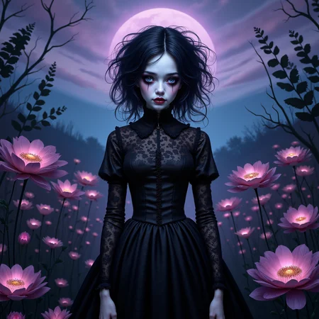 Beneath a twilight sky painted in surreal purples and deep blues, a goth girl with porcelain skin, raven hair cascading in whimsical waves, and eyes like pools of ink stands poised in a moonlit garden, her delicate lace dress blending seamlessly with the eerie, otherworldly blooms that seem to whisper secrets only she can hear.