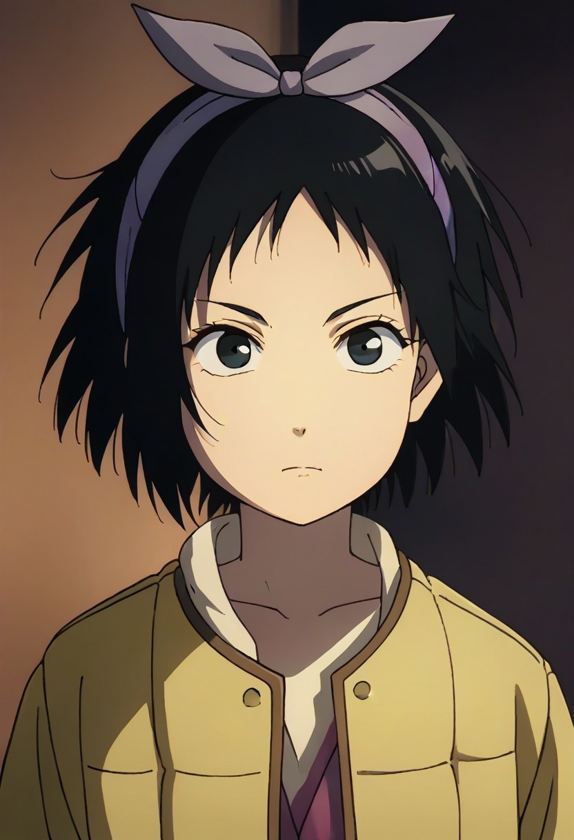 Totori, short hair, black hair, black eyes, yellow jacket, purple hairband, <lora:HeavenlyDelusion:1>,