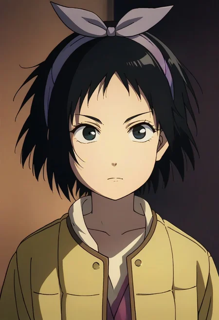 Totori, short hair, black hair, black eyes, yellow jacket, purple hairband, <lora:HeavenlyDelusion:1>,