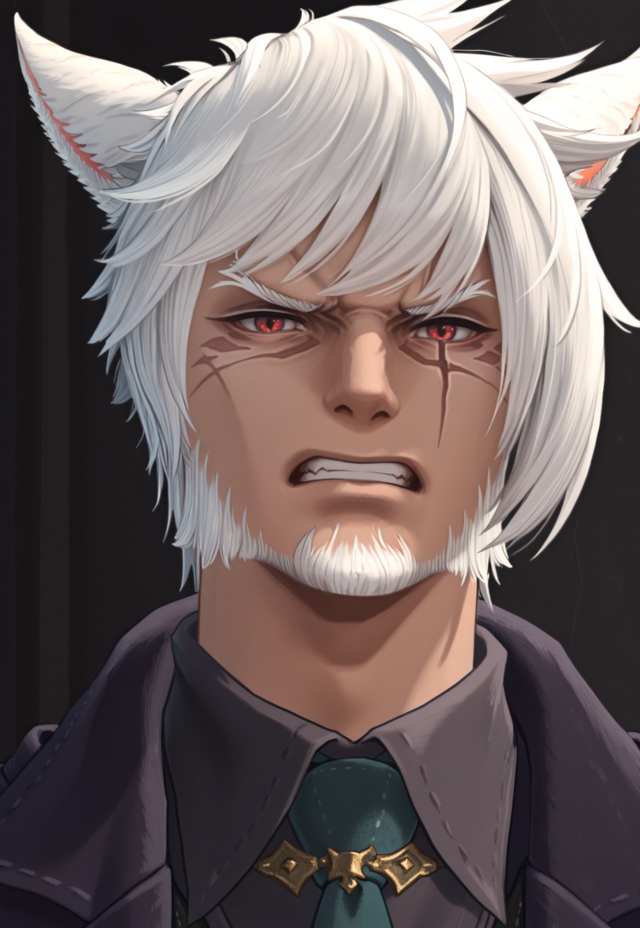 masterpiece, very aesthetic, best quality, absurdres,  3KK4T14, animal ears, 1boy, male focus, solo, facial hair, red eyes, necktie, cat ears, scar, beard, miqo'te, looking at viewer, white hair, portrait, scar on face, angry expression,