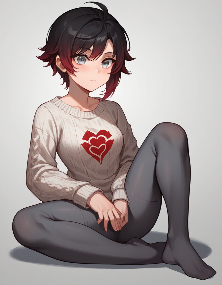 zPDXL, score_9, score_8_up, score_7_up, source_anime, 1girl, solo, 
<lora:Cotton_v2:0.8> cotton tights, grey legwear, no shoes, Ruby Rose \(Rwby\), black hair, red hair, gradient hair, silver eyes, short hair,, sweater,