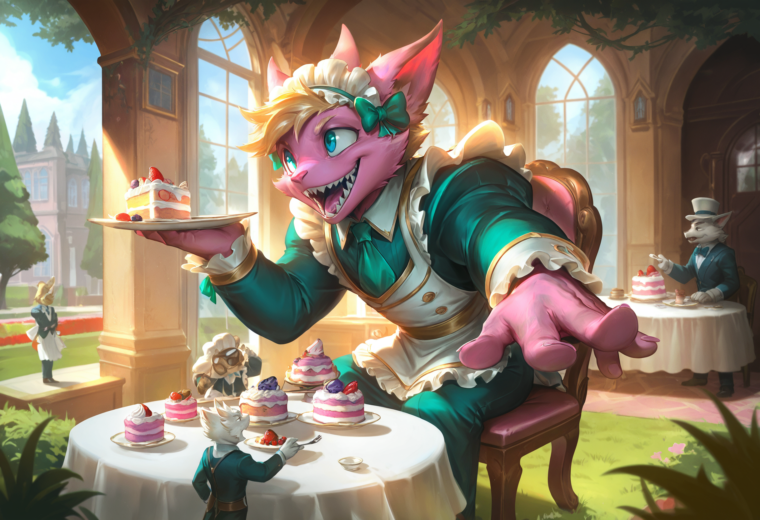lolart,SpTASIL, 1girl, 6+boys, alternate costume, animal, apron, artist name, bangs, blonde hair, bowtie, building, bush, butler, cake, chair, colored skin, cup, cupcake, day, facial hair, flower, food, fork, formal, frills, furry male, goggles, grass, green bow, green dress, hat, holding, indoors, jacket, long hair, long sleeves, looking at another, maid headdress, male focus, multiple boys, multiple girls, necktie, open mouth, outdoors, pants, pink skin, plate, ribbon, sharp teeth, shiny, shirt, shoes, short hair, sitting, smile, standing, table, tongue, tree, window, yordle<lora:lolart-ill11-v5.1:0.8000000000000002>