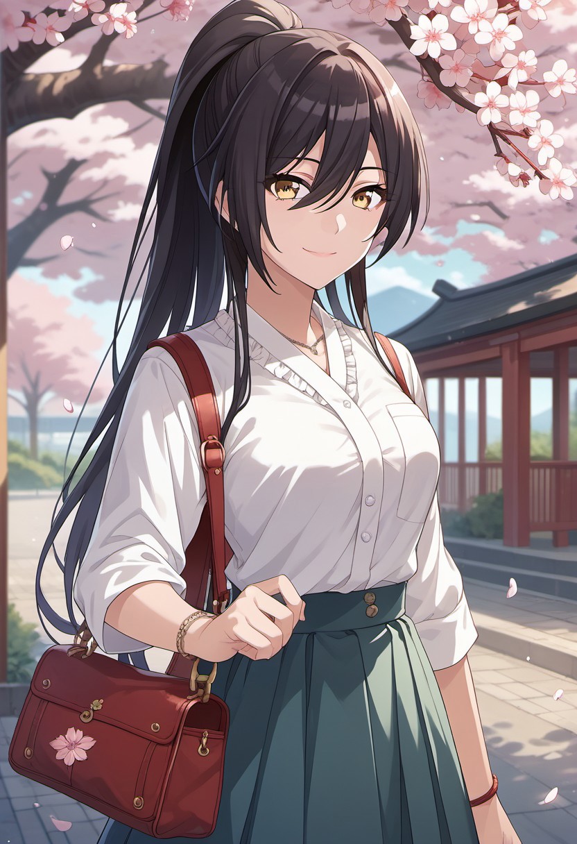 score_9, score_8_up, score_7_up, source_anime, shirase sakuya, black hair, long hair, yellow eyes, 1girl,  solo, ponytail, bag, shirt, cherry blossoms, skirt, high ponytail, smile, outdoors, hair between eyes, white shirt, jewelry