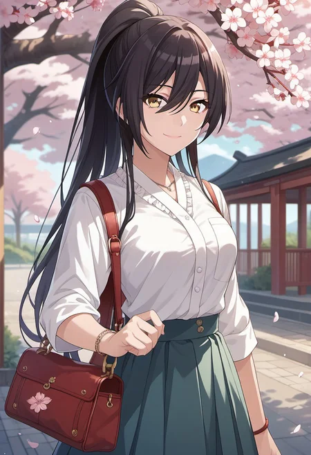 score_9, score_8_up, score_7_up, source_anime, shirase sakuya, black hair, long hair, yellow eyes, 1girl,  solo, ponytail, bag, shirt, cherry blossoms, skirt, high ponytail, smile, outdoors, hair between eyes, white shirt, jewelry