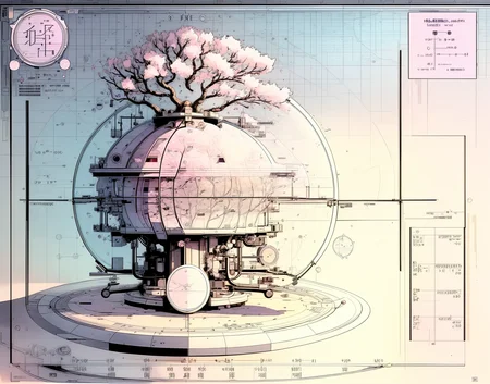 masterpiece complex technical drawing with measurements, models, math, notations, blueprint grid background, lots of text,(diagram of a cherry blossom tree in a bubble:1.1), ultra detailed  <lora:add_detail:1.2>