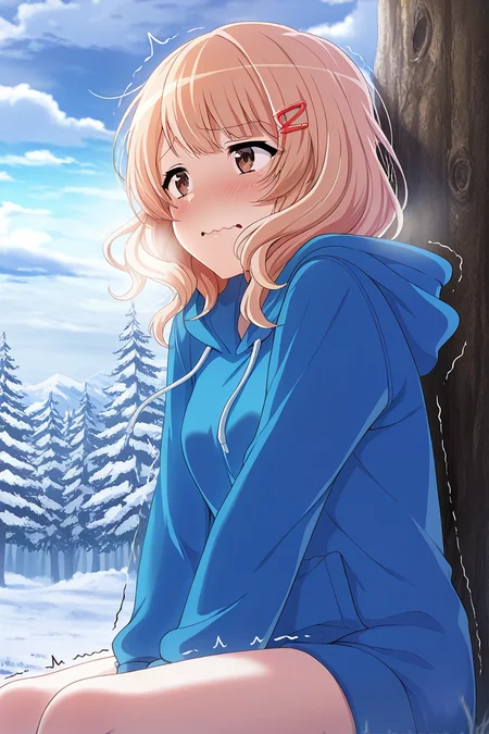 masterpiece, best quality, amazing quality,
<lora:Yuyuko_IL:1> yuyuko, hair ornament, 1girl, solo, hairclip, hood, blonde hair, hoodie, outdoors, tree, trembling, brown eyes, sitting, wavy mouth, sky, day, cloud, blush, cold, wind
