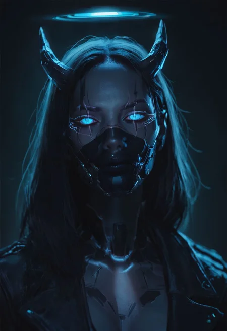 score_9, score_8_up, score_8_up, sci fi soldier, holographic symbols, female, cybernetics, masked, black lenses. glowing blue eyes, metal horns, halo, scars, ((holographic parts))