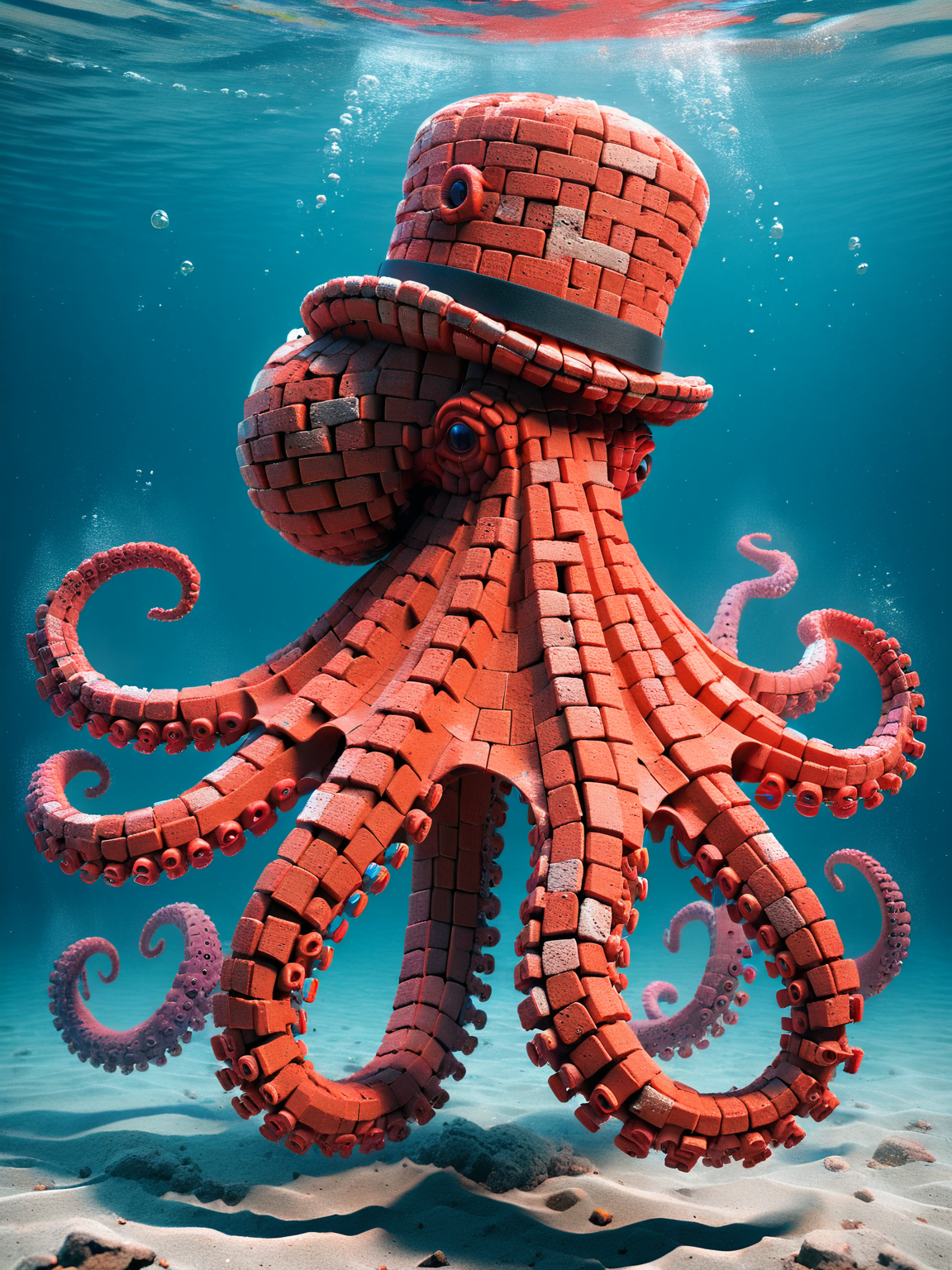 A mischievous ais-brickz octopus, swimming under water, wearing a tophat <lora:Bricks_Style_SDXL:1>