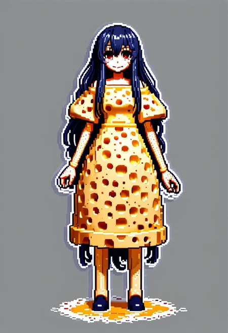 Cheese style, Pixel_Art, Robot Girl, long flowing black hair, dress made out of cheese, realistic skin, realistic anime style, paint splatter,