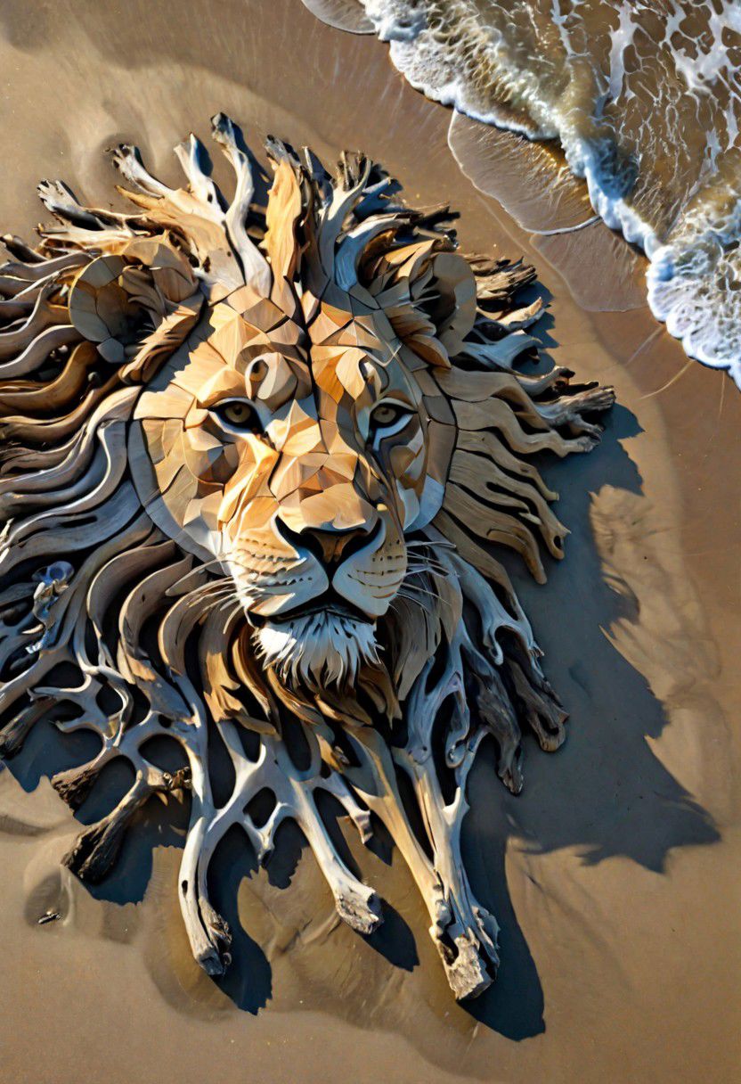 (drift wood washes up on the shore, all the tiny parts of drift wood form together to create a perfect  shape of a male lion lying on the shore), abstract, 3d render, strong, insanely intricate details, (masterpiece), breathtaking natures art work