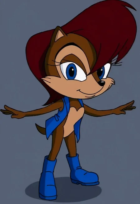 Sally Acorn, sonic character, sonic style, anthro, furry, 1girl, female, solo,
red brown hair, brown fur, blue eyes, black pupils,
blue boots, blue vest, 
smiling, looking at viewer,
standing, full body view, full body,
dark lighting,