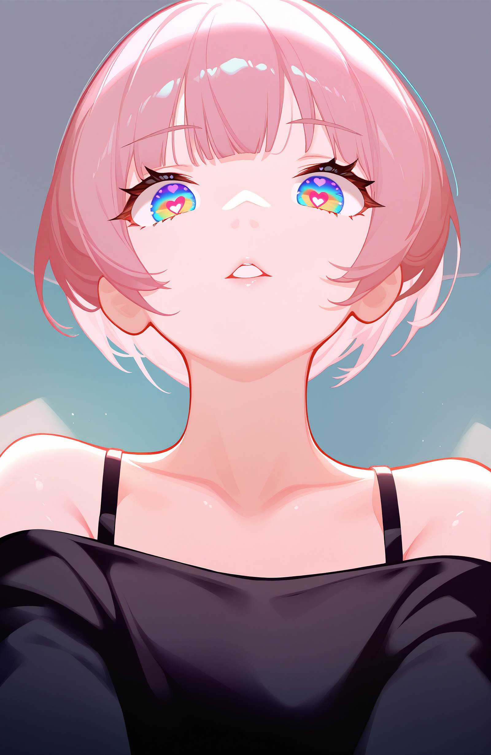 1girl, sensitive, looking at viewer, upper body, bare shoulders, collarbone, bra strap, parted lips, from below, multicolored eyes, aqua eyes, solo, pink hair, short hair, shirt, bangs, off-shoulder shirt, off shoulder, blue eyes, black shirt, rainbow eyes, heart-shaped pupils, looking down, chlenix, masterpiece, best quality, very awa, newest, absurdres, highres, <lora:ai_styles_collection_noob_vpred-1.0-v4.02:1.00>, <lora:ponyv5_noobV065S_1_adamW-000013:1.00>