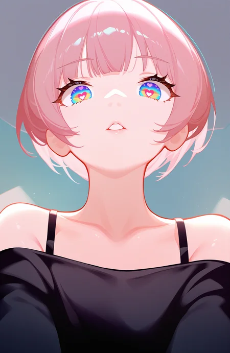 1girl, sensitive, looking at viewer, upper body, bare shoulders, collarbone, bra strap, parted lips, from below, multicolored eyes, aqua eyes, solo, pink hair, short hair, shirt, bangs, off-shoulder shirt, off shoulder, blue eyes, black shirt, rainbow eyes, heart-shaped pupils, looking down, chlenix, masterpiece, best quality, very awa, newest, absurdres, highres, <lora:ai_styles_collection_noob_vpred-1.0-v4.02:1.00>, <lora:ponyv5_noobV065S_1_adamW-000013:1.00>